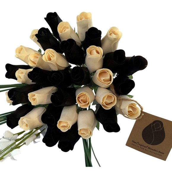 3 Dozen Black and White Wooden Rose Flower Bouquet. The Original Wooden Rose - Picture 1 of 8